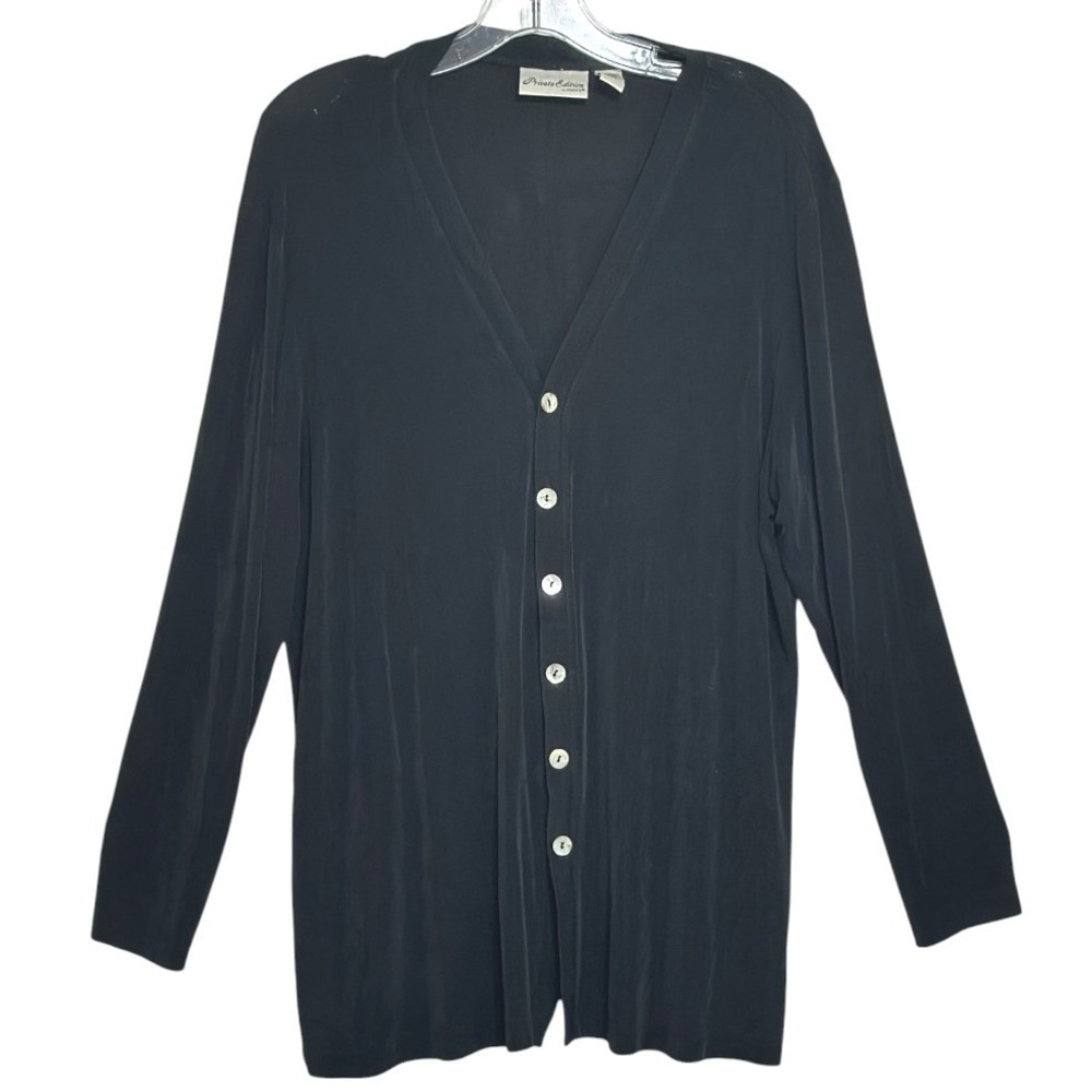 Chicos Private Edition Cardigan Women Black Ribbed V-Neck Button Front Layer 2/L
